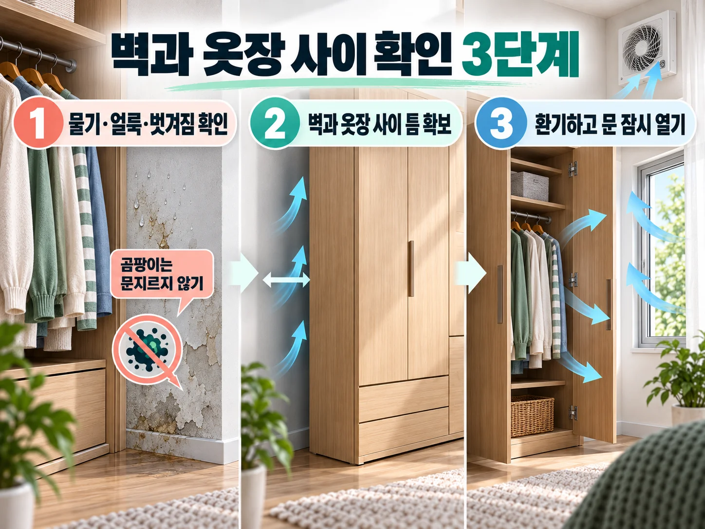 벽과 옷장 사이 간격으로 공기 흐름을 만드는 옷장 습기 관리