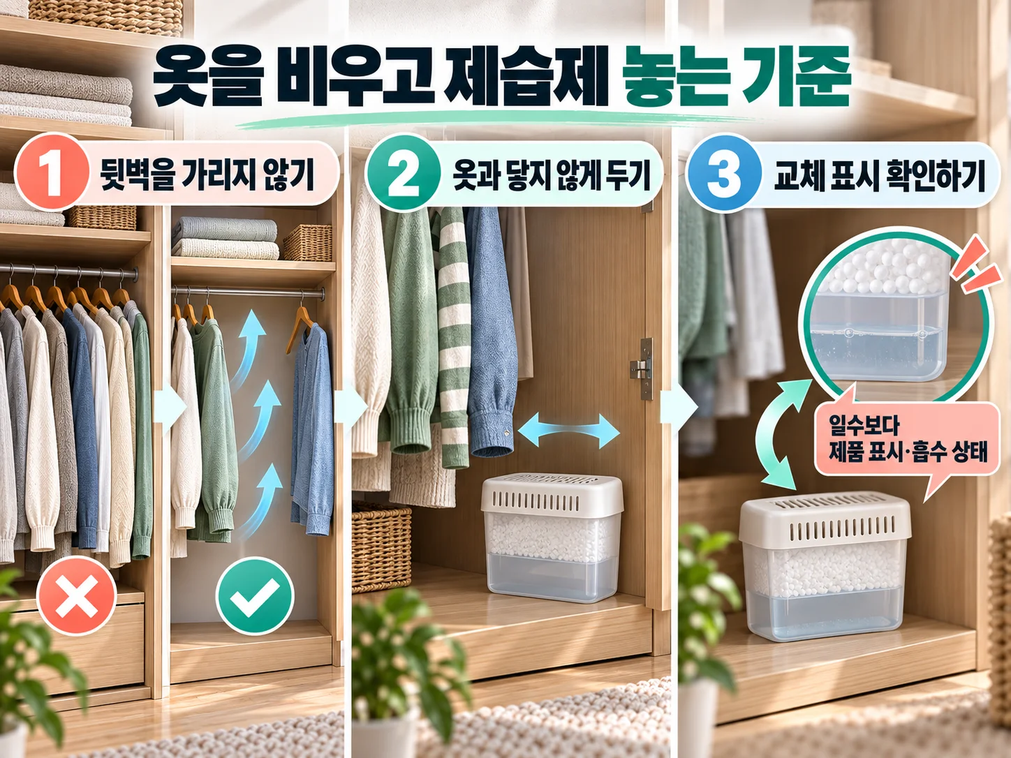 옷장 수납 간격과 제습제 올바른 위치 및 교체 표시 확인