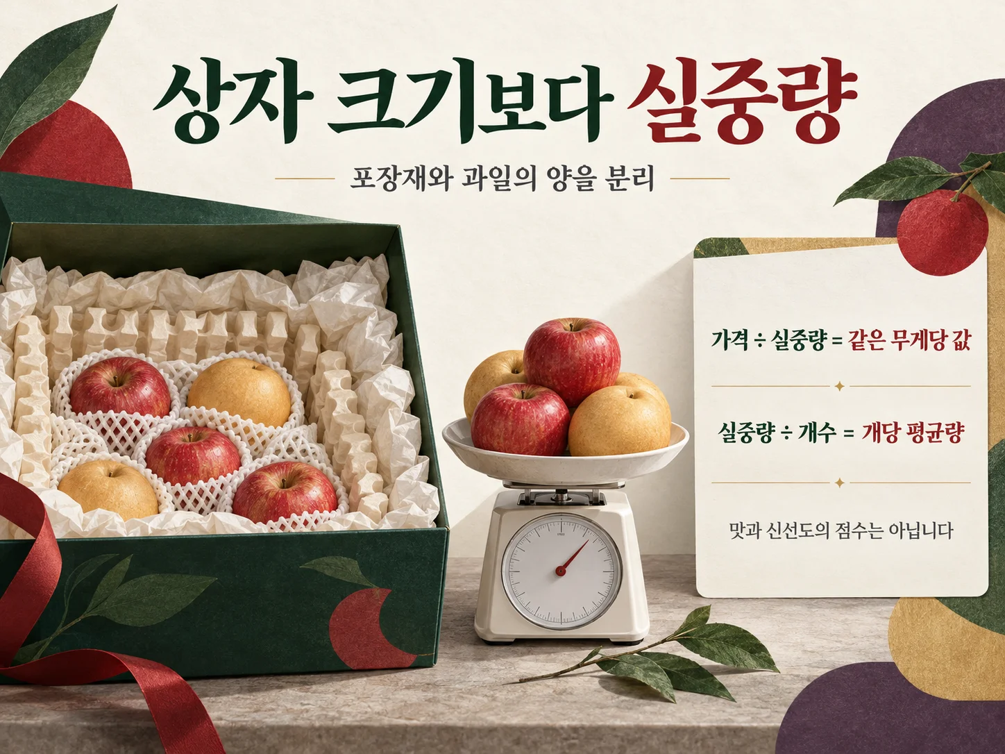 실중량과 개당 평균량으로 포장 크기를 분리하는 과일세트 비교