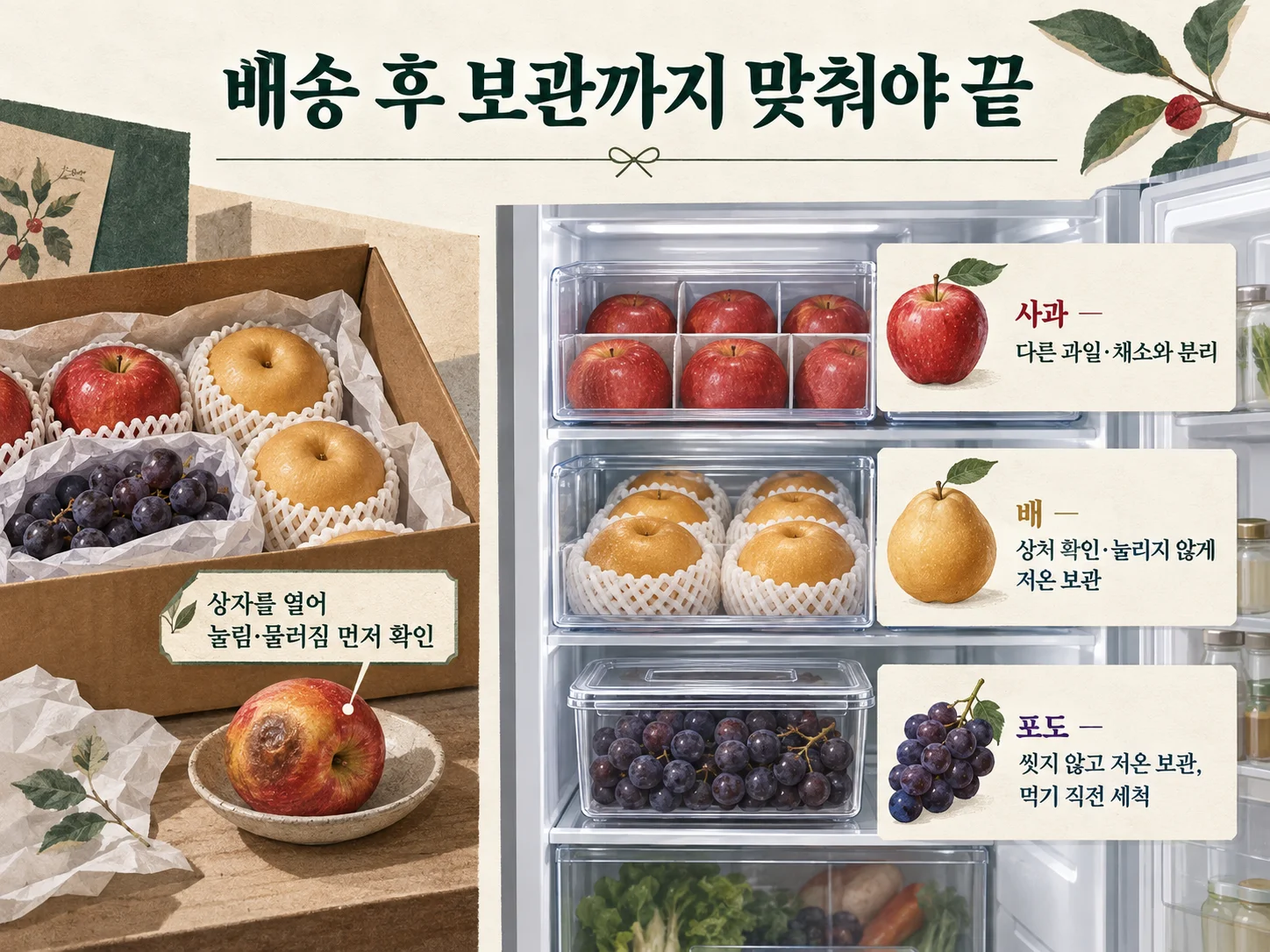 배송 후 사과·배 등 과일 보관 조건을 확인하는 추석 과일 선물세트
