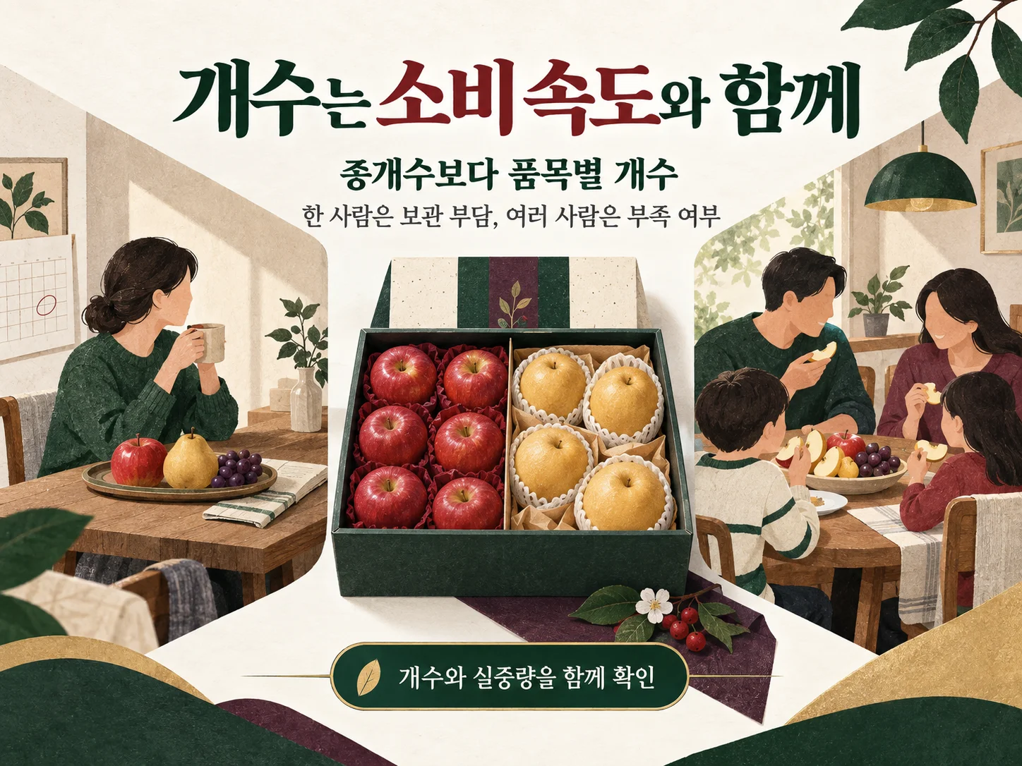품목별 개수와 소비 인원을 비교하는 과일 선물세트 선택