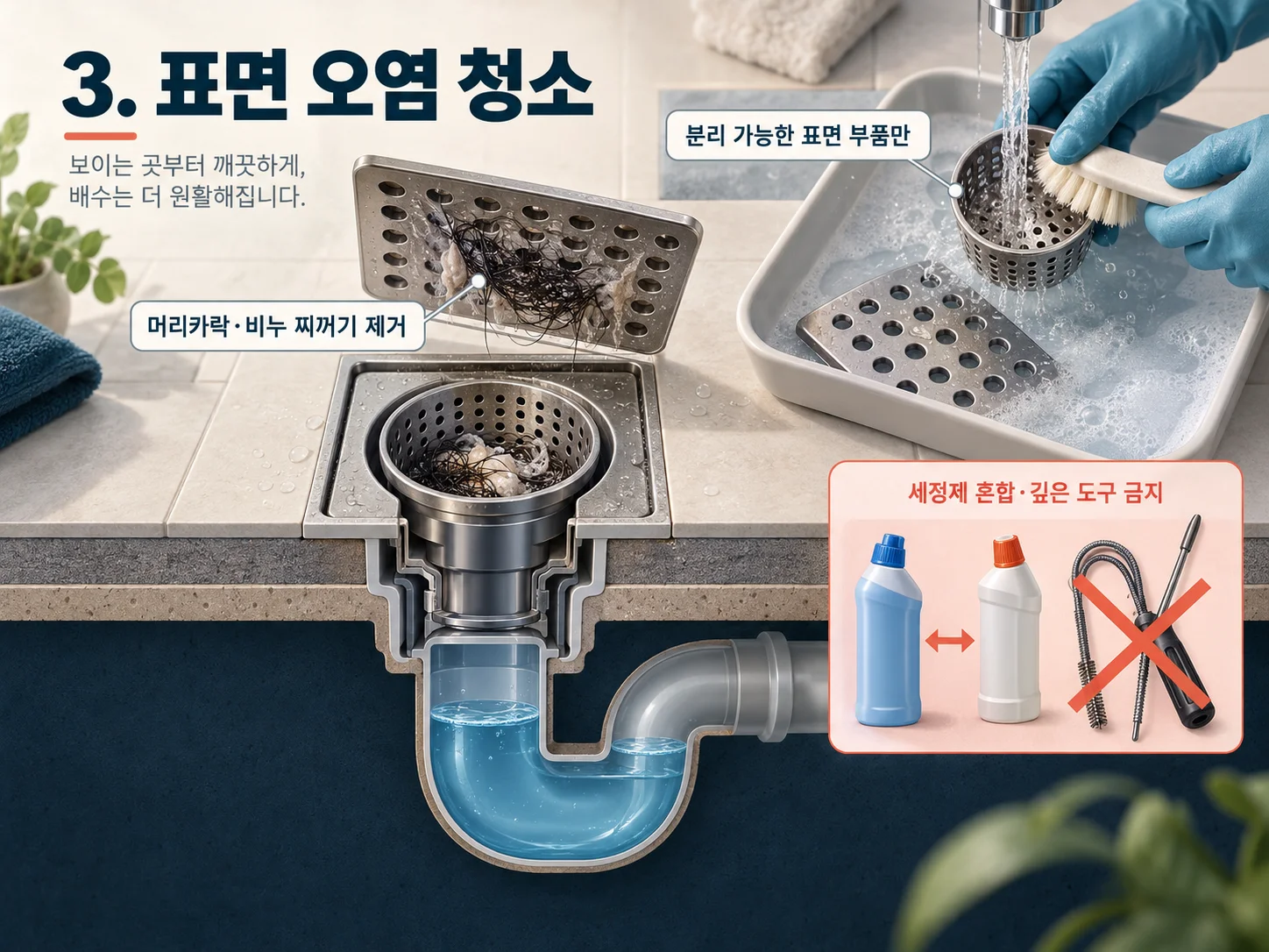 배수구 표면 오염 청소와 세정제 안전수칙