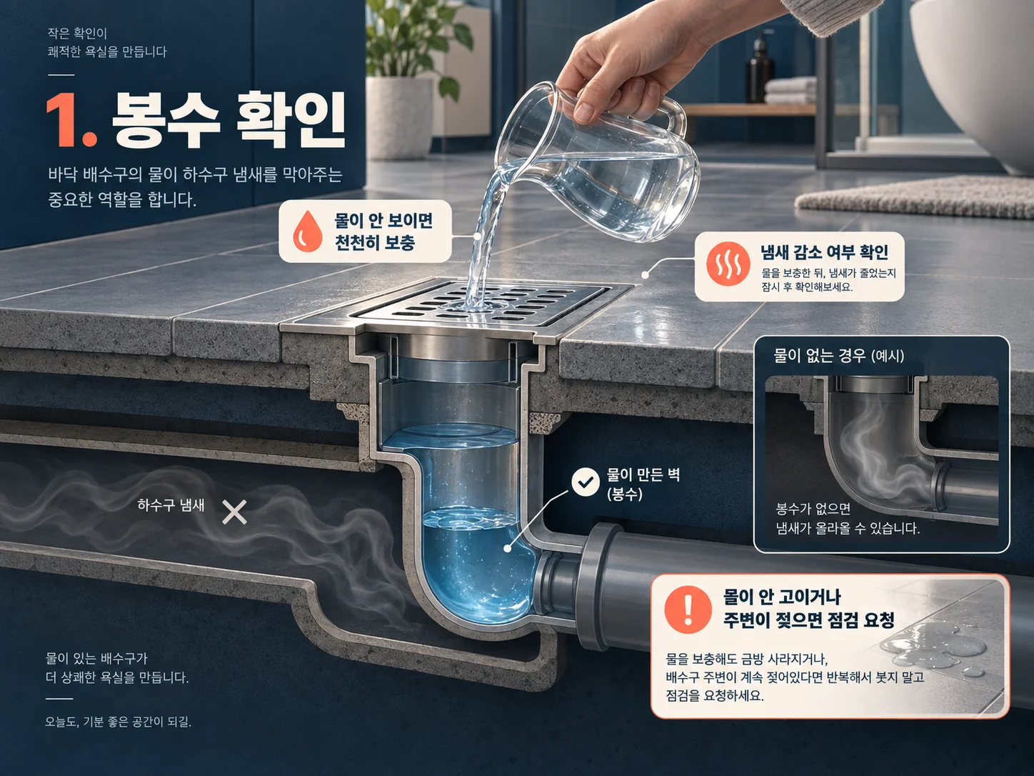 배수구 봉수 부족 확인과 물 보충 점검