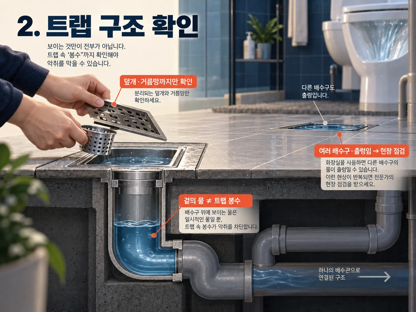 욕실 배수구 트랩 구조와 공용배관 점검