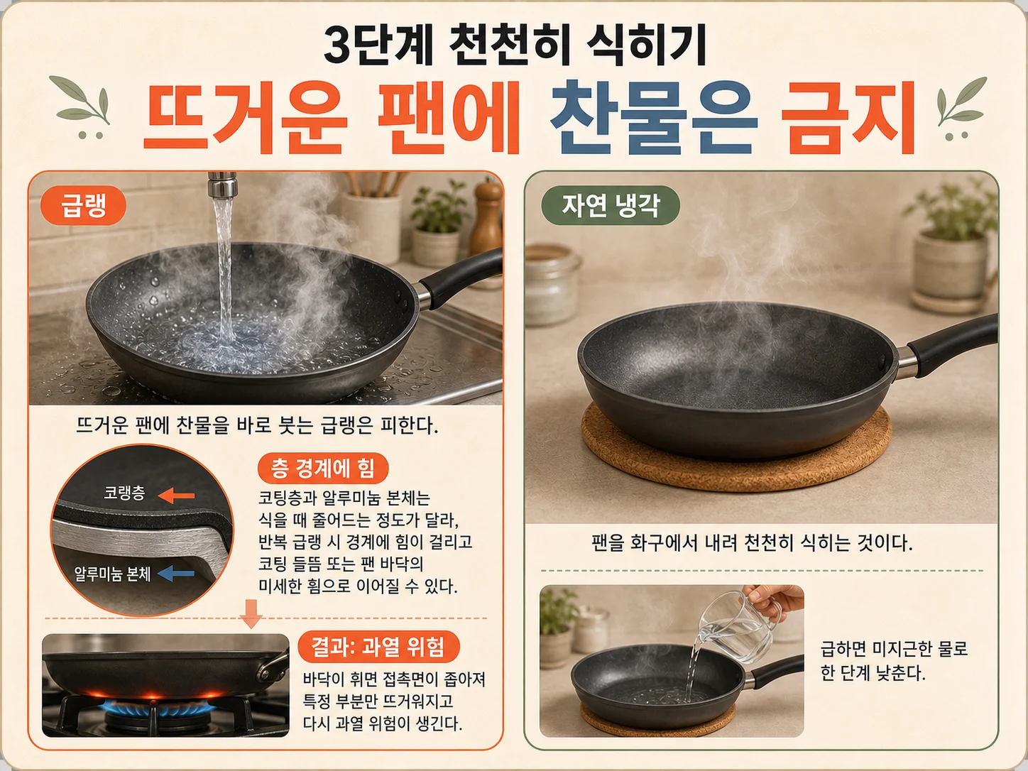 조리 직후 코팅 프라이팬을 급랭시키지 않고 식히는 모습