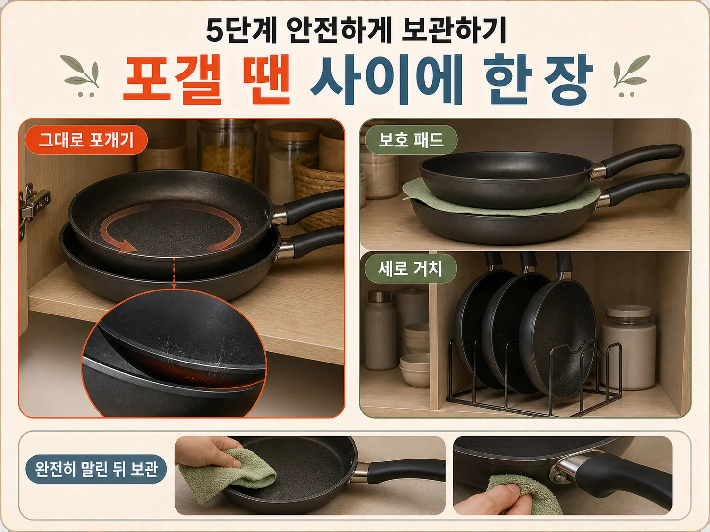 코팅 프라이팬을 겹쳐 보관할 때 사이에 패드를 끼우는 모습