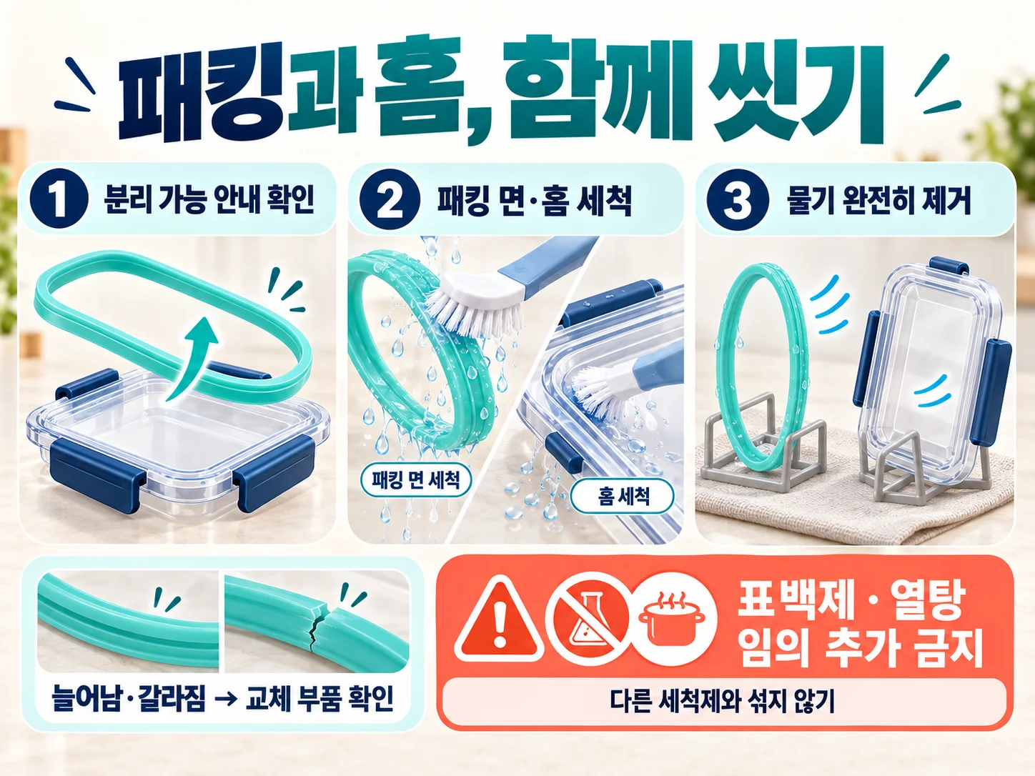밀폐용기 패킹과 홈 세척·건조 순서