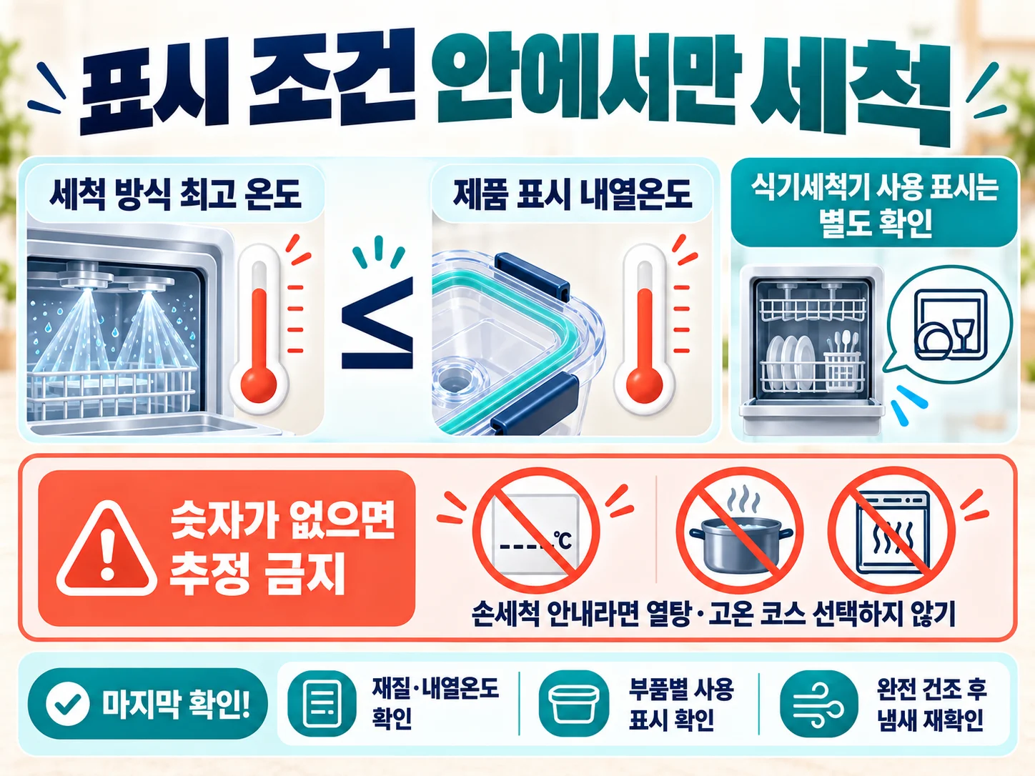 밀폐용기 내열온도와 세척 방식 조건 비교