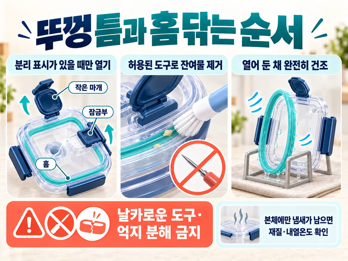 밀폐용기 뚜껑 틈과 잠금부의 잔여물 제거