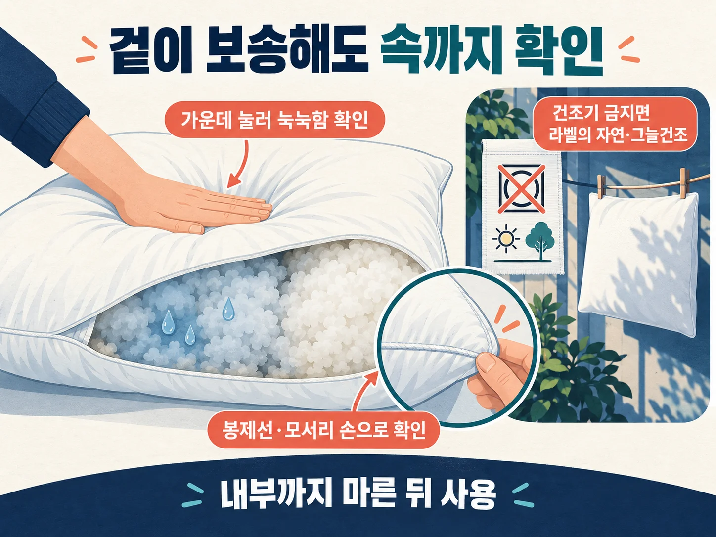 베개 가운데와 봉제선의 완전 건조 상태 확인