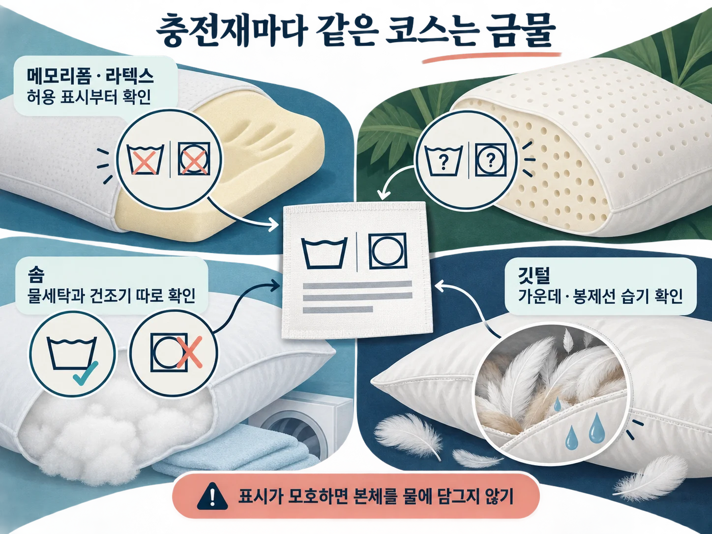 메모리폼·라텍스·솜·깃털 베개 세탁 조건 비교