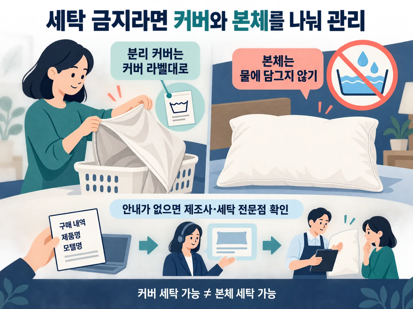 세탁 금지 베개 본체와 커버를 나누는 관리 방법