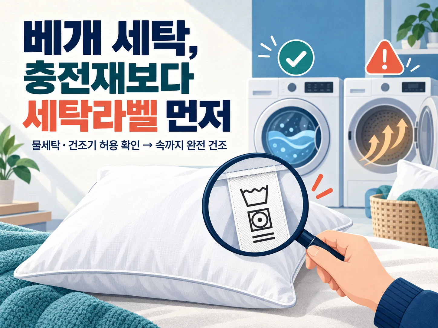 베개 세탁과 건조기 사용 전 세탁라벨을 확인하는 관리 가이드