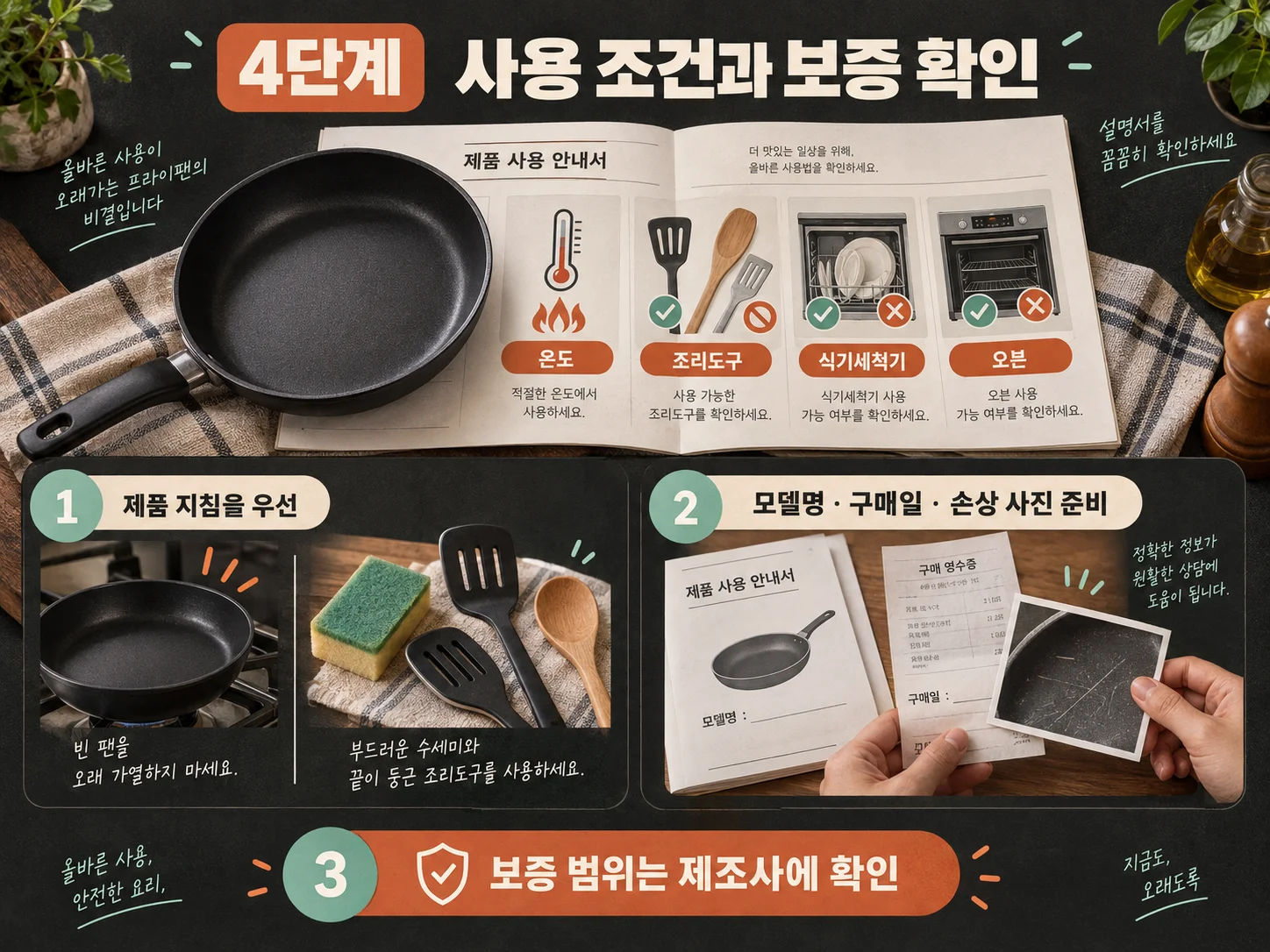 코팅 프라이팬 사용 온도와 보증 조건을 확인하는 방법