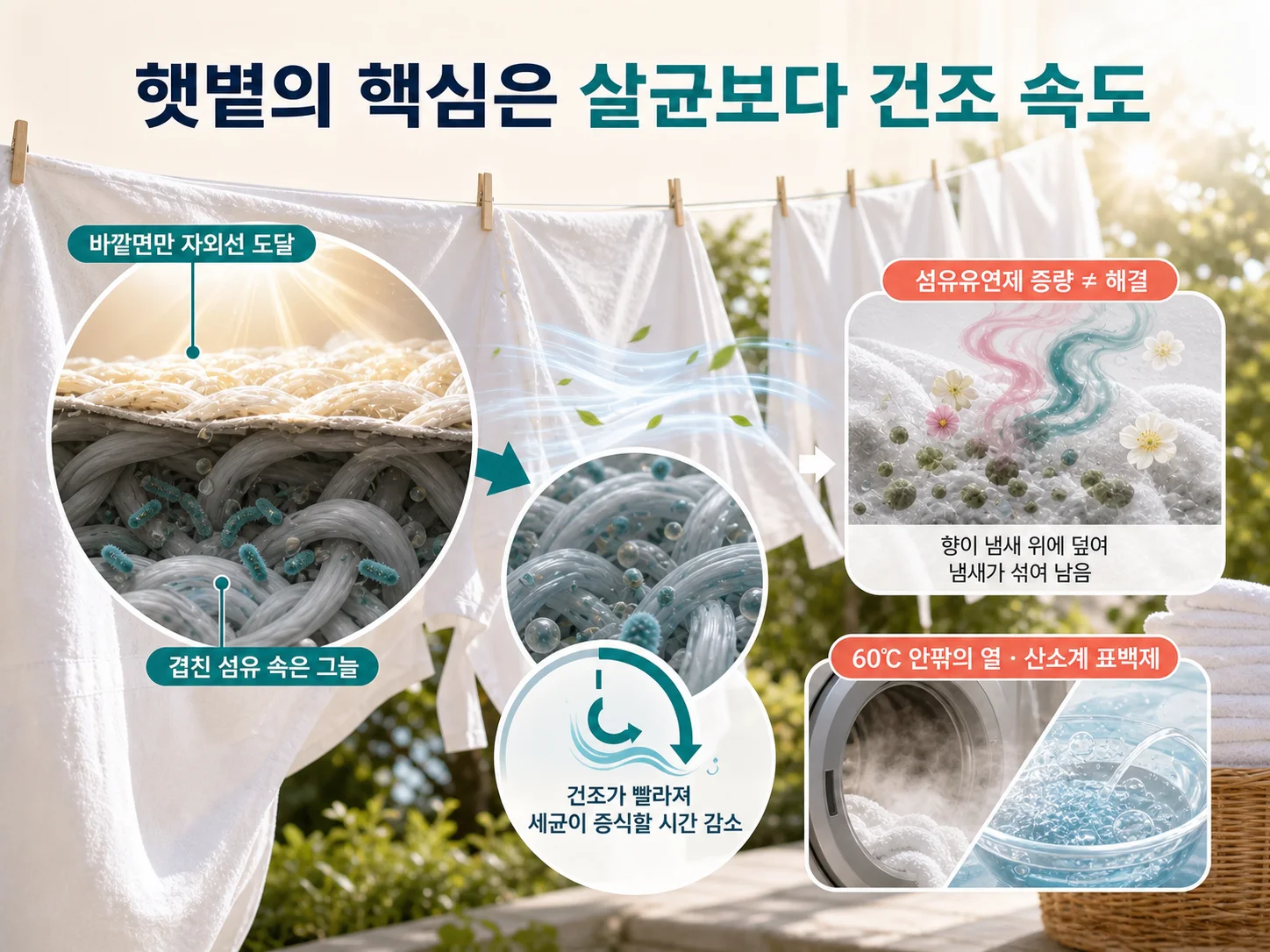 햇볕 건조가 살균이 아닌 건조 속도로 빨래 쉰내를 줄이는 원리