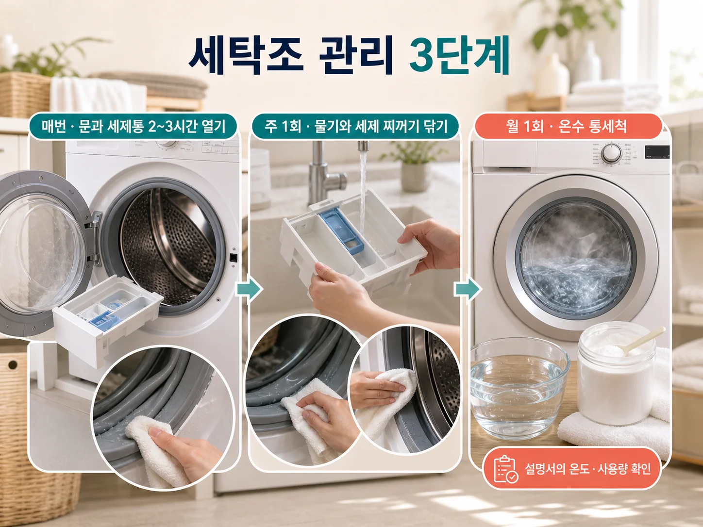 세탁조 통세척과 고무 패킹 관리로 빨래 쉰내 재발을 막는 단계