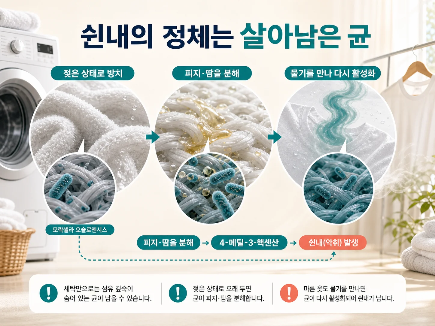 젖은 섬유 속에서 번식하는 모락셀라균이 빨래 쉰내를 만드는 과정