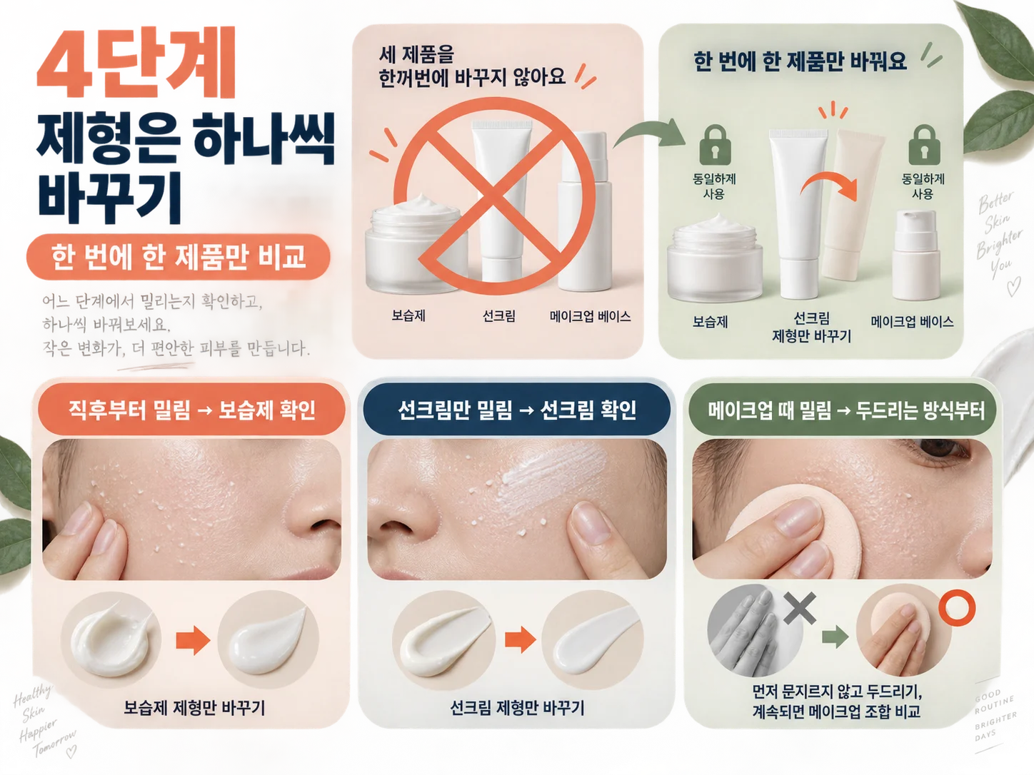 선크림 밀림 원인을 찾기 위해 보습제와 선크림 제형을 하나씩 비교하는 방법