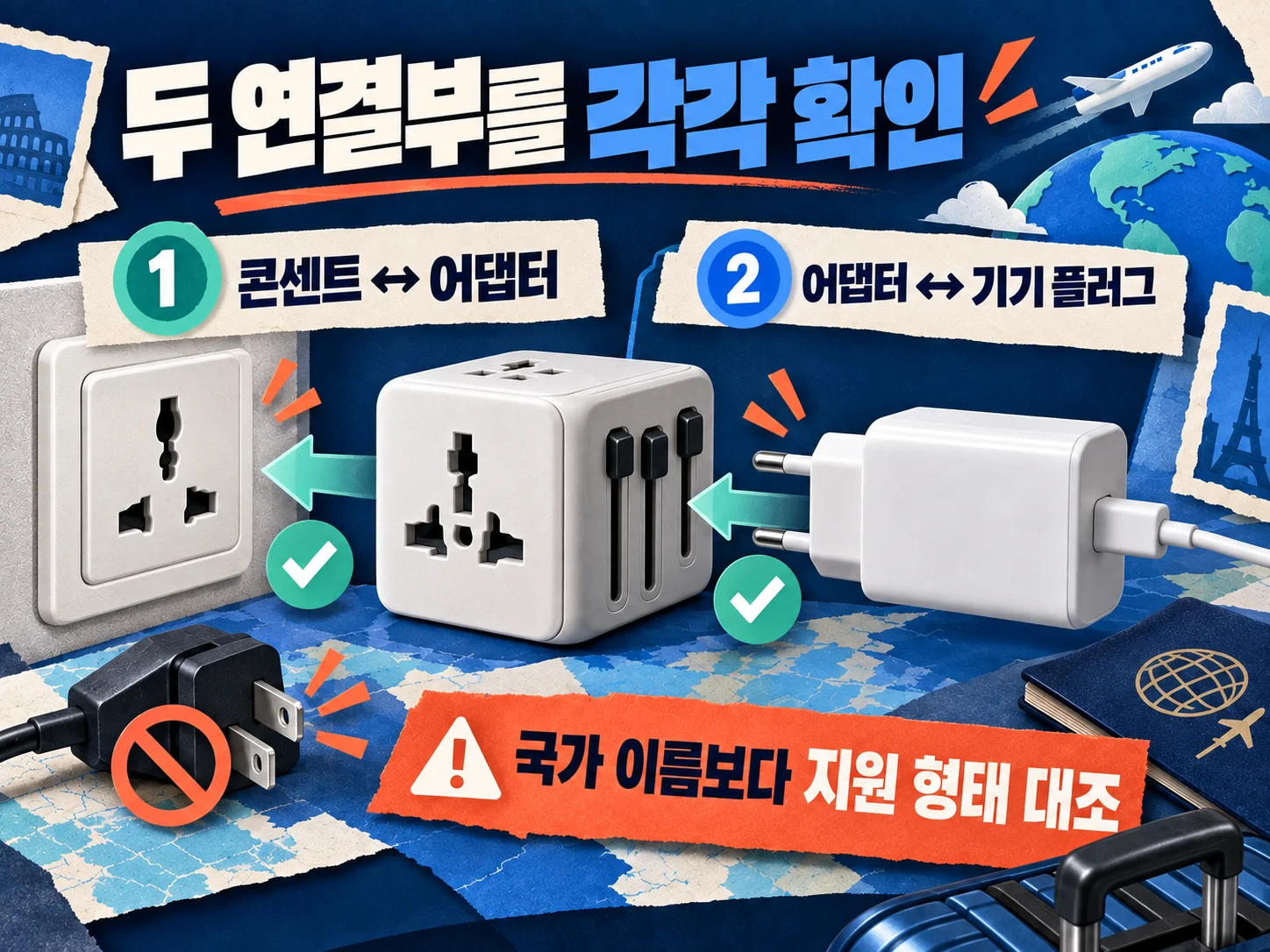 해외여행 멀티어댑터의 플러그 형태 호환 확인