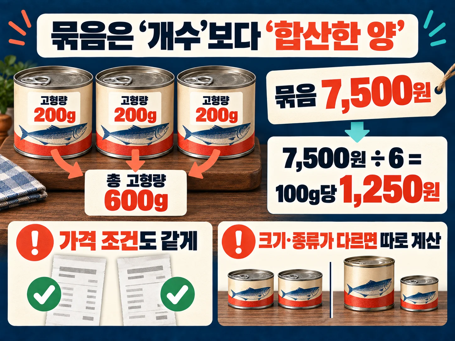 묶음 통조림 고형량 기준 단위가격 비교