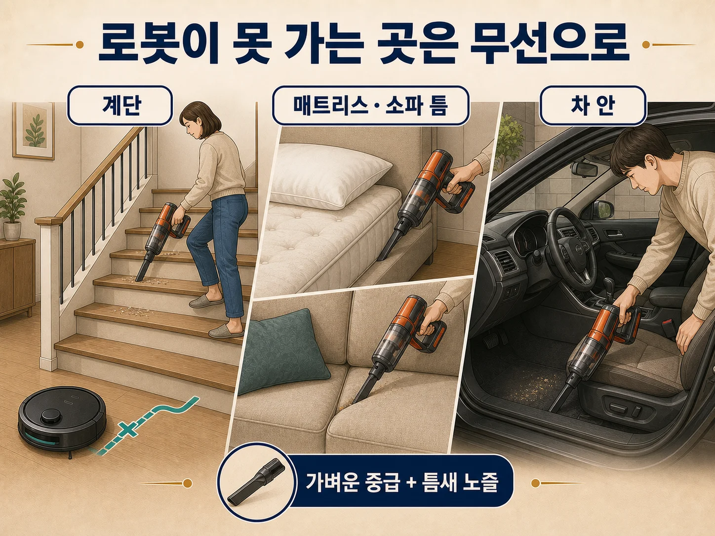 계단과 매트리스 틈 등 로봇청소기 사각지대를 무선청소기로 관리하는 모습