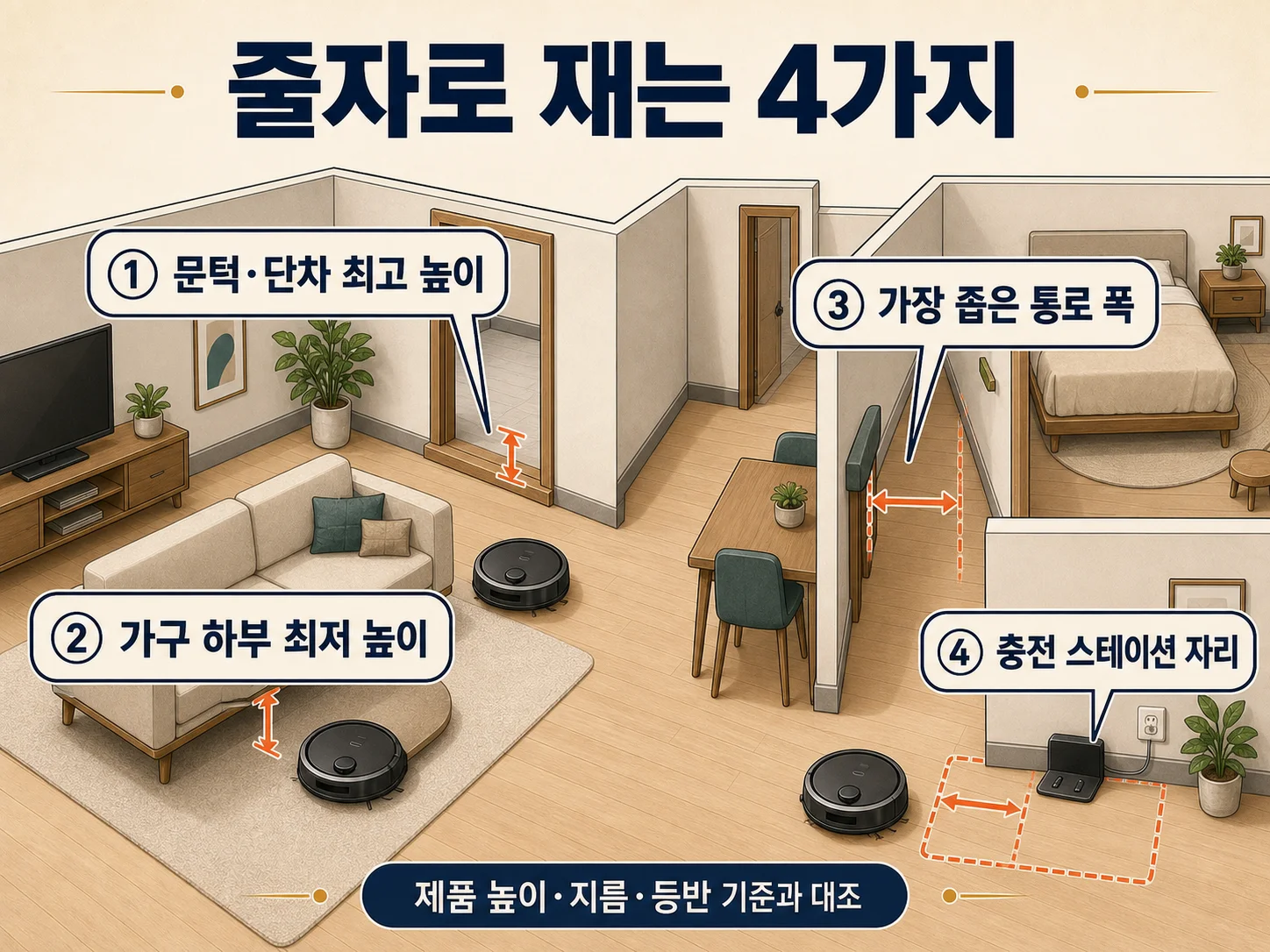 로봇청소기 구매 전 문턱과 가구 하부 높이를 줄자로 실측하는 장면