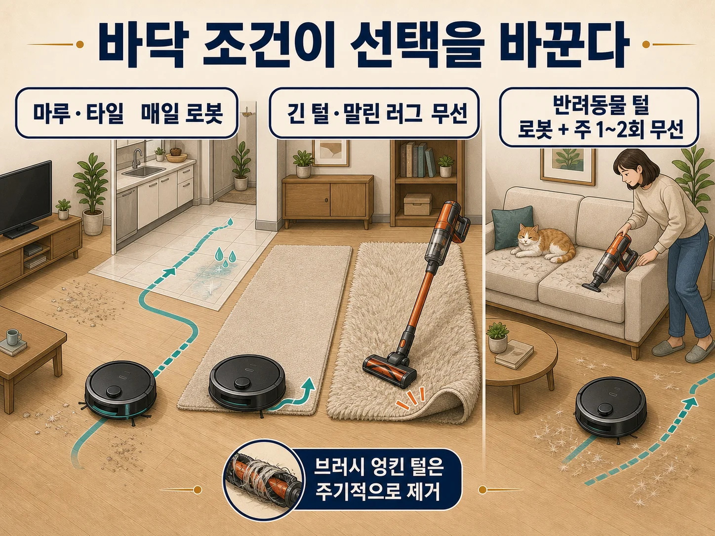 마루 타일 러그와 반려동물 털이 있는 바닥에서 로봇청소기 청소 환경