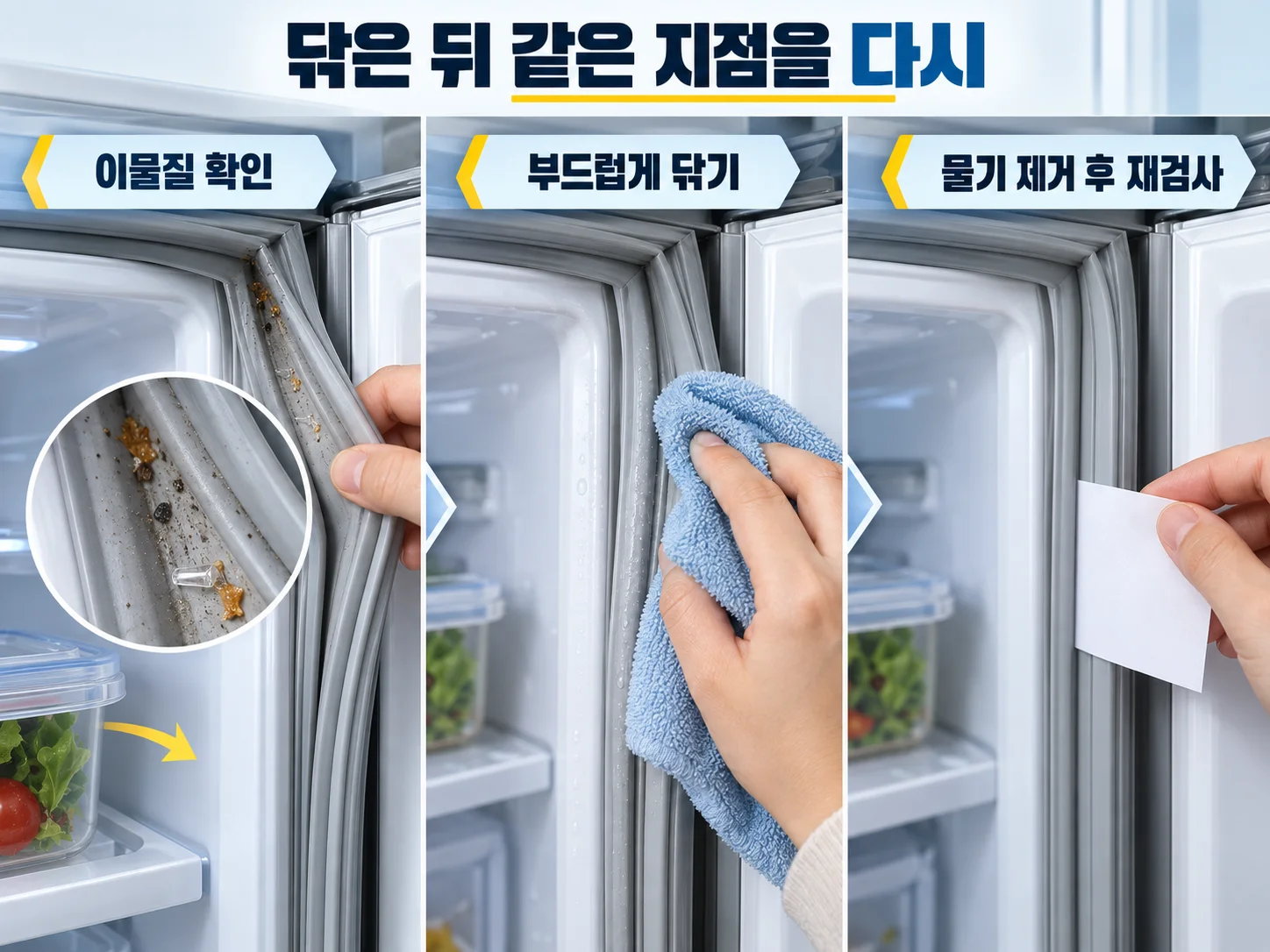 냉장고 문패킹 오염을 닦고 밀착력을 다시 확인하는 과정