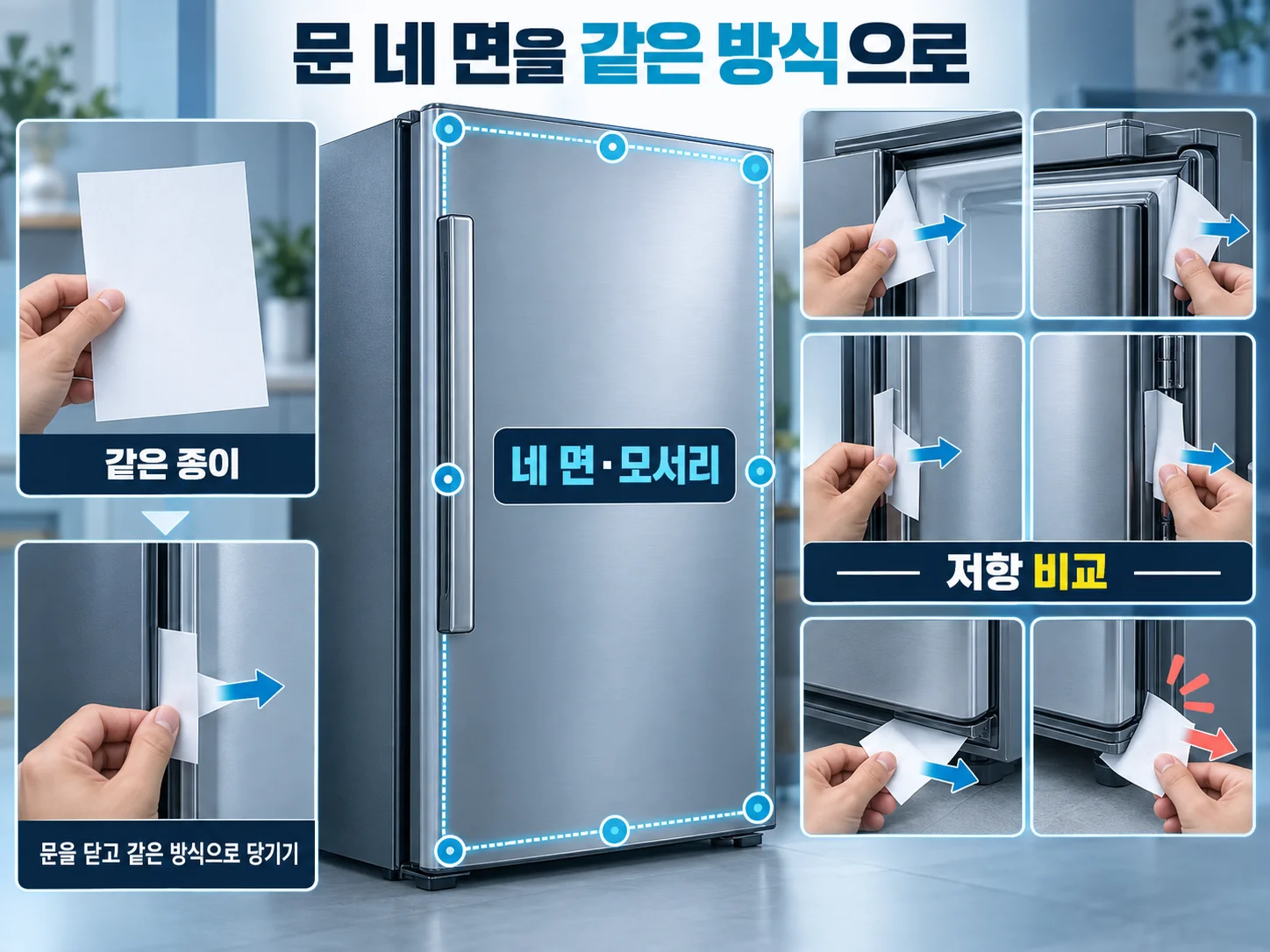 종이 테스트로 냉장고 문패킹 밀착 상태를 비교하는 점검