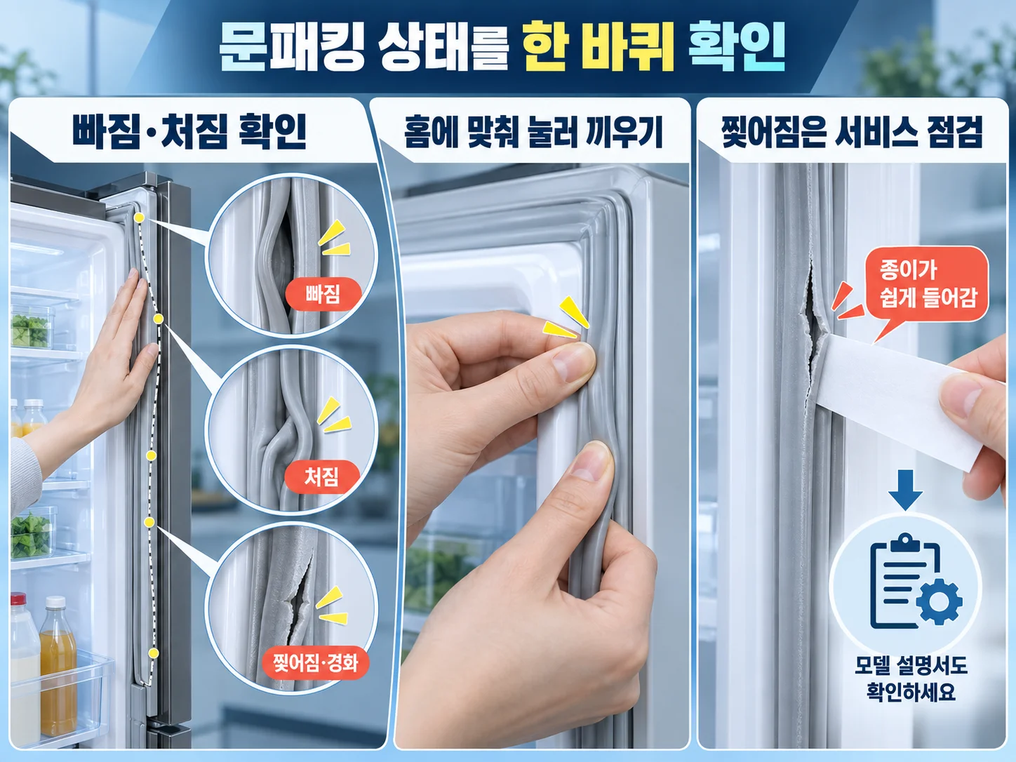 냉장고 문패킹 들뜸과 손상 여부를 확인하는 점검