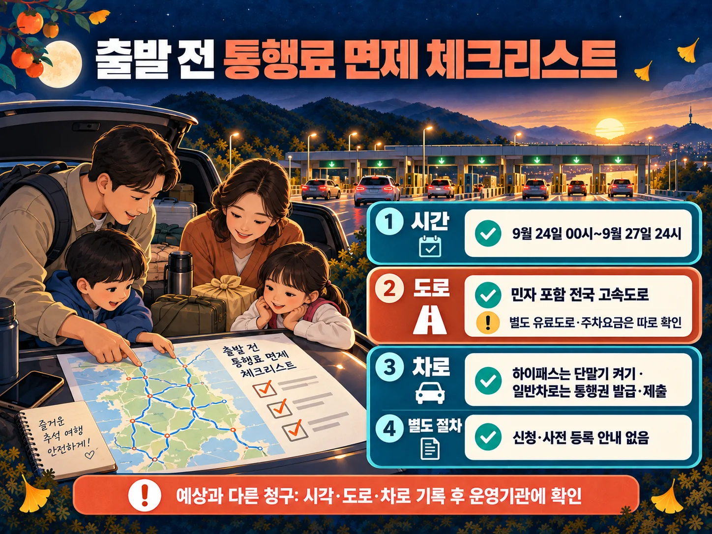 추석 고속도로 통행료 면제 출발 전 체크리스트