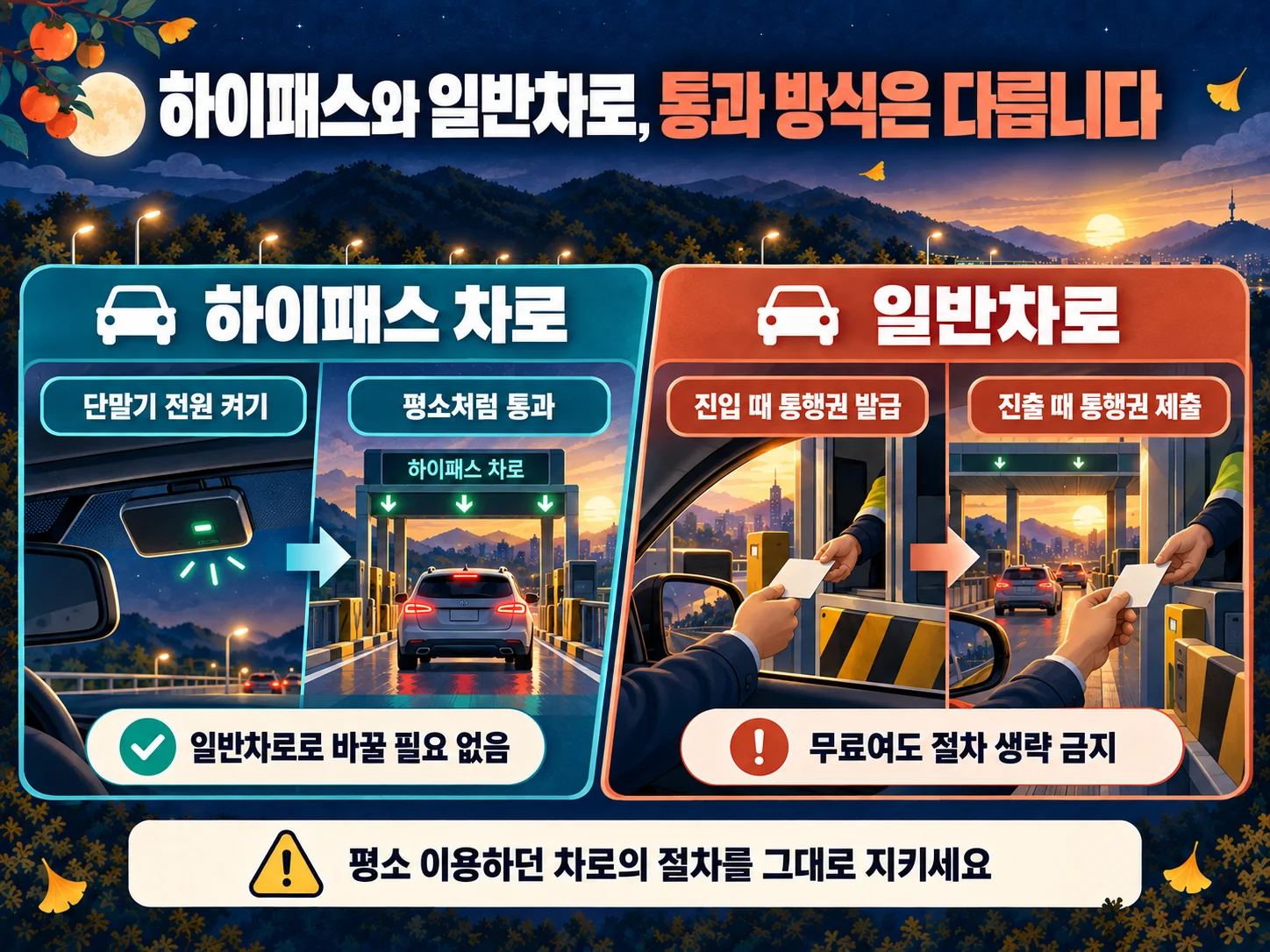 하이패스와 일반차로 통행료 면제 이용 절차