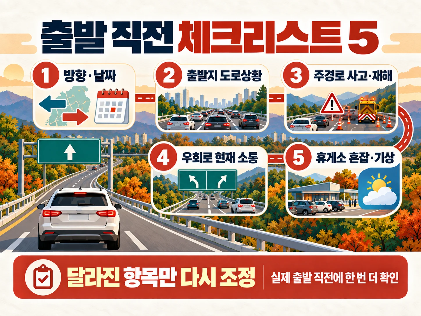 출발 직전 도로상황·사고·우회로·휴게소 혼잡을 점검하는 체크리스트