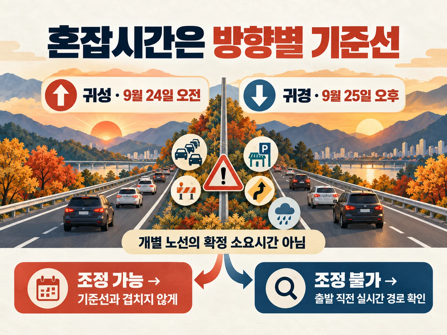 추석 귀성 9월 24일 오전과 귀경 9월 25일 오후 혼잡시간 기준선