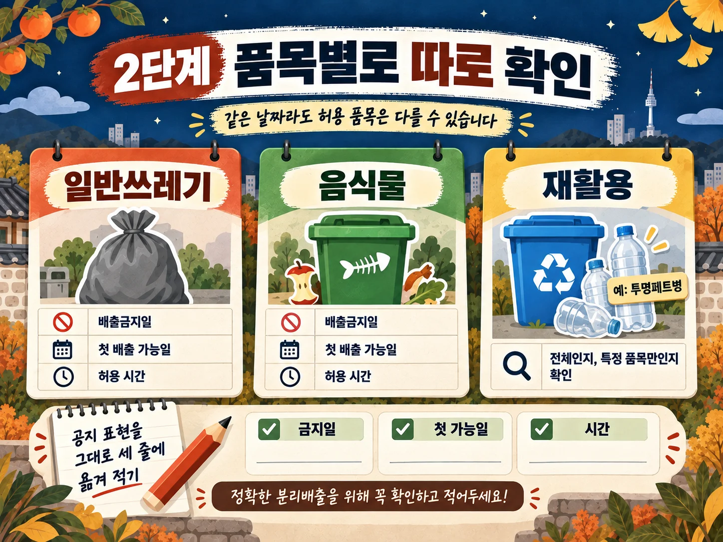 일반쓰레기·음식물·재활용품별 추석 쓰레기 배출일 체크표