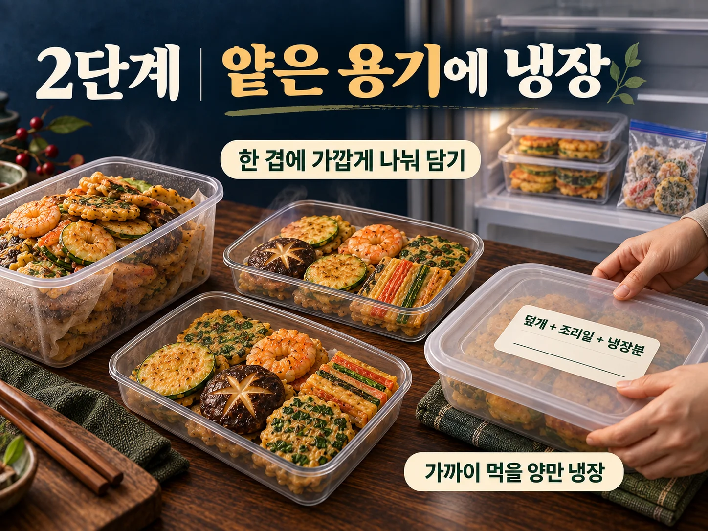 - 남은 전 냉장 보관을 위한 얕은 용기 소분 방법