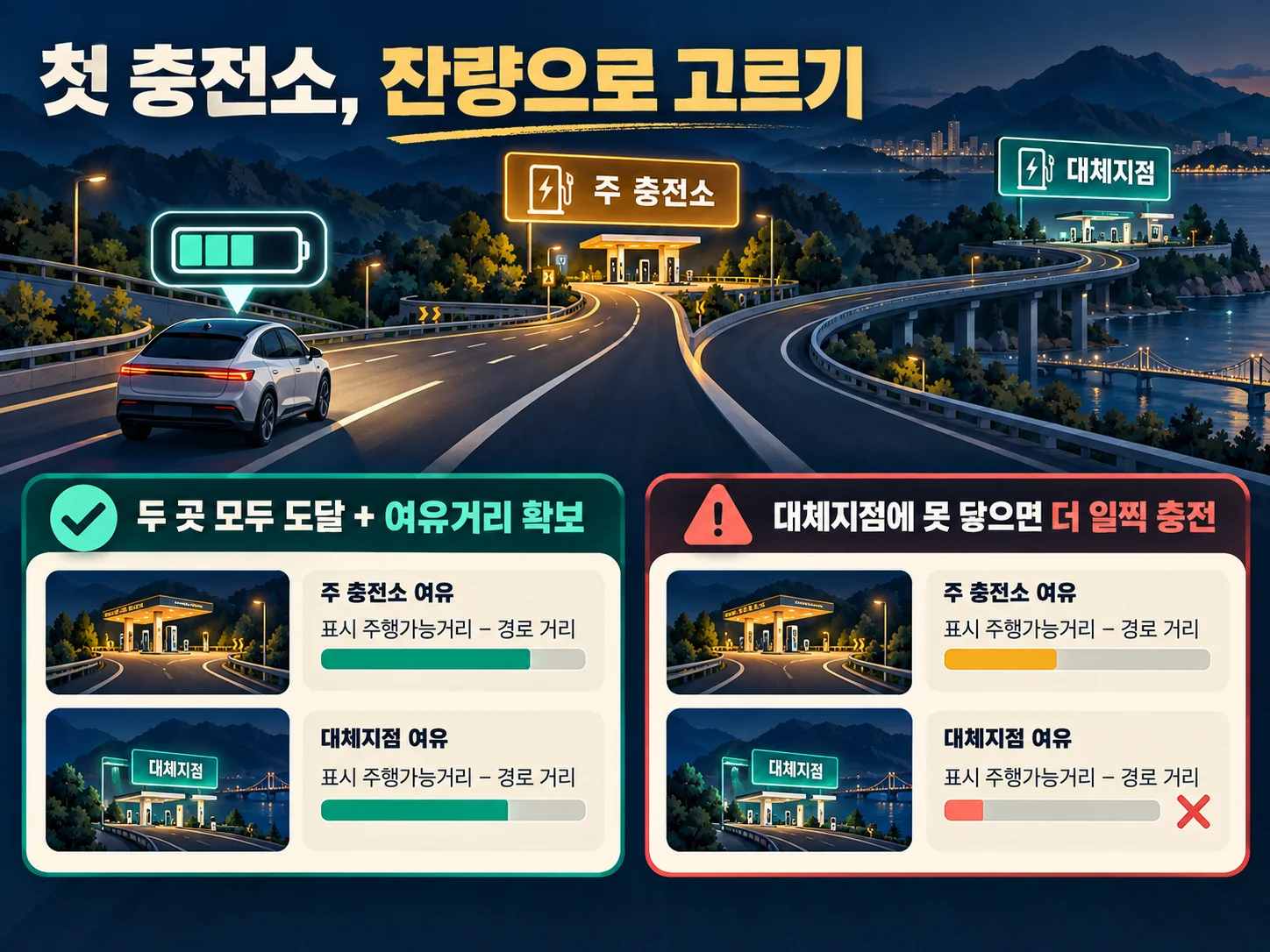전기차 주행가능거리로 주 충전소와 대체지점을 계산하는 방법