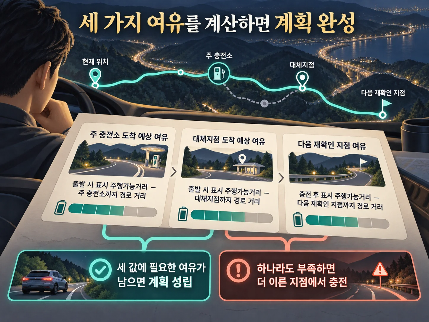 전기차 충전 계획의 주 충전소와 대체지점 여유거리 계산