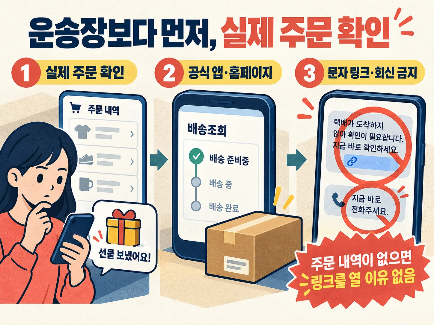 - 택배 스미싱 의심 문자에서 실제 주문 내역과 공식 배송 조회를 확인하는 방법