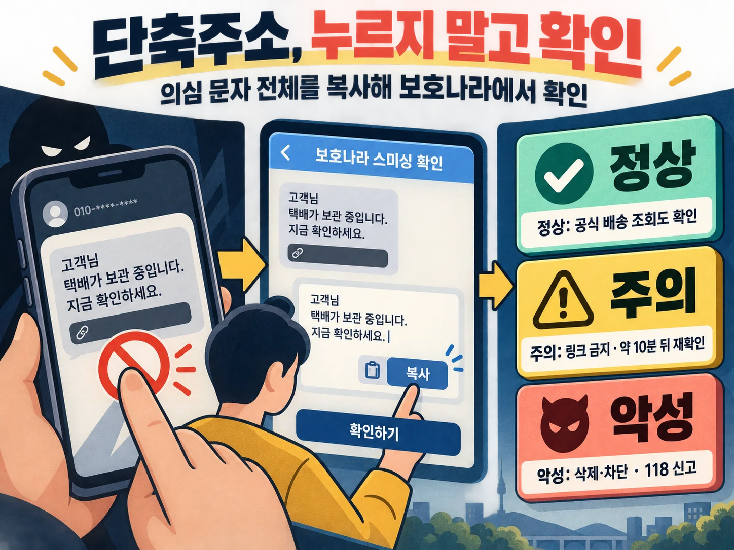 - 단축주소가 포함된 배송 스미싱 문자를 보호나라 확인서비스로 점검하는 순서