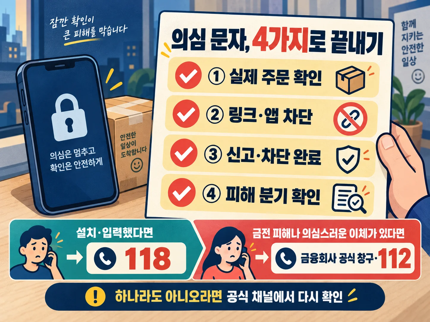- 택배 스미싱 문자 삭제·차단·신고 완료 여부를 확인하는 체크리스트