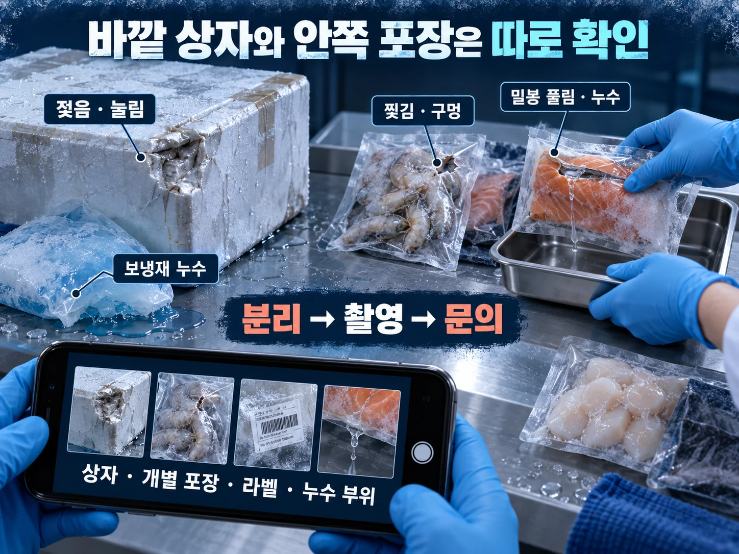냉동 수산물 포장누수와 밀봉 손상을 사진으로 기록하는 모습