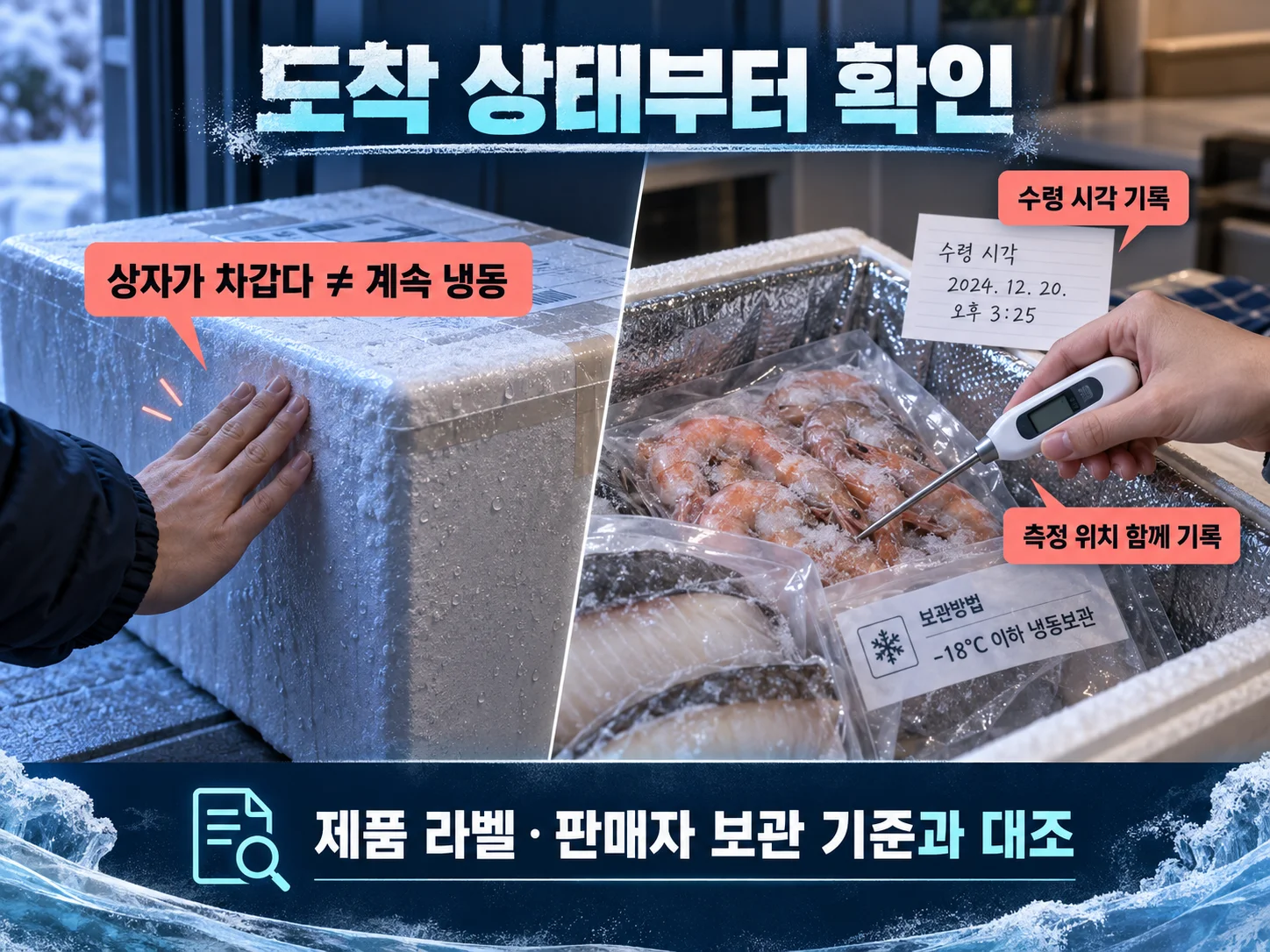 냉동 수산물 배송 도착온도와 보관 기준을 확인하는 모습