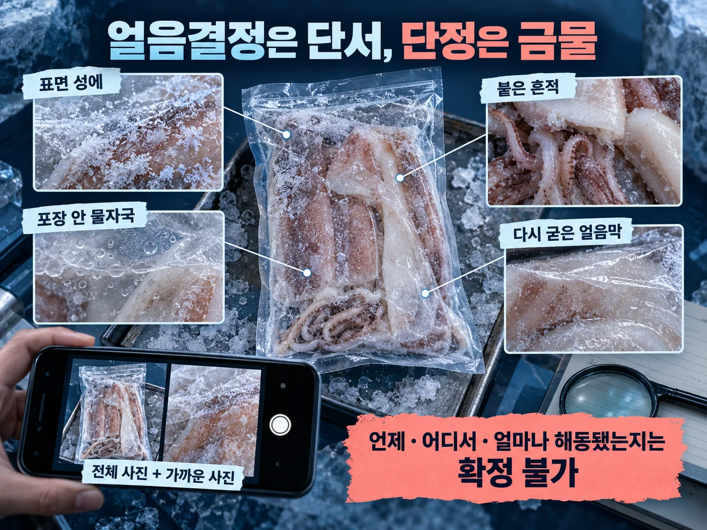 냉동 수산물의 얼음결정과 해동 흔적을 점검하는 모습