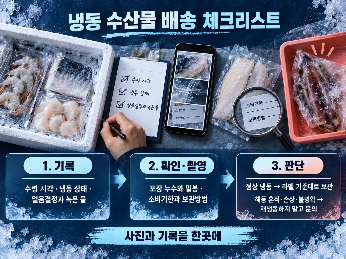 냉동 수산물 배송 이상 체크리스트를 작성하는 모습