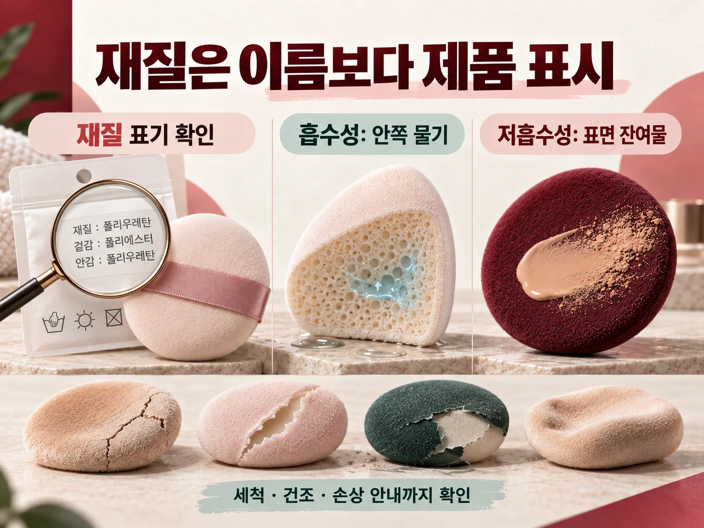메이크업 퍼프 재질 표기와 세척 제한 확인 항목