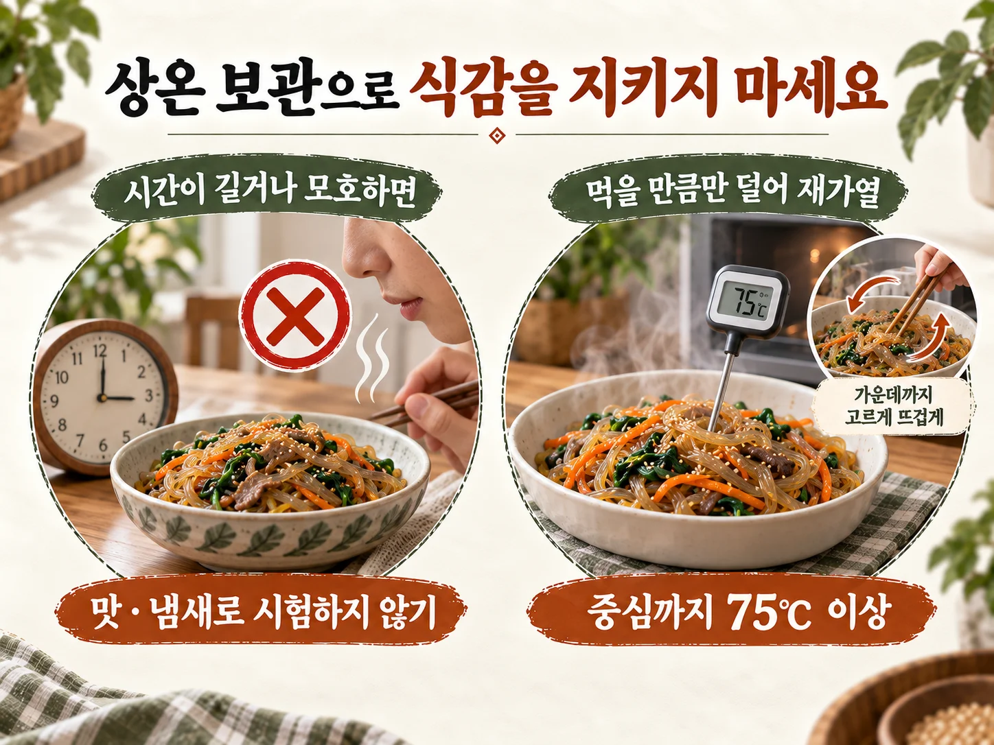 상온 보관을 피하고 충분히 재가열하는 잡채