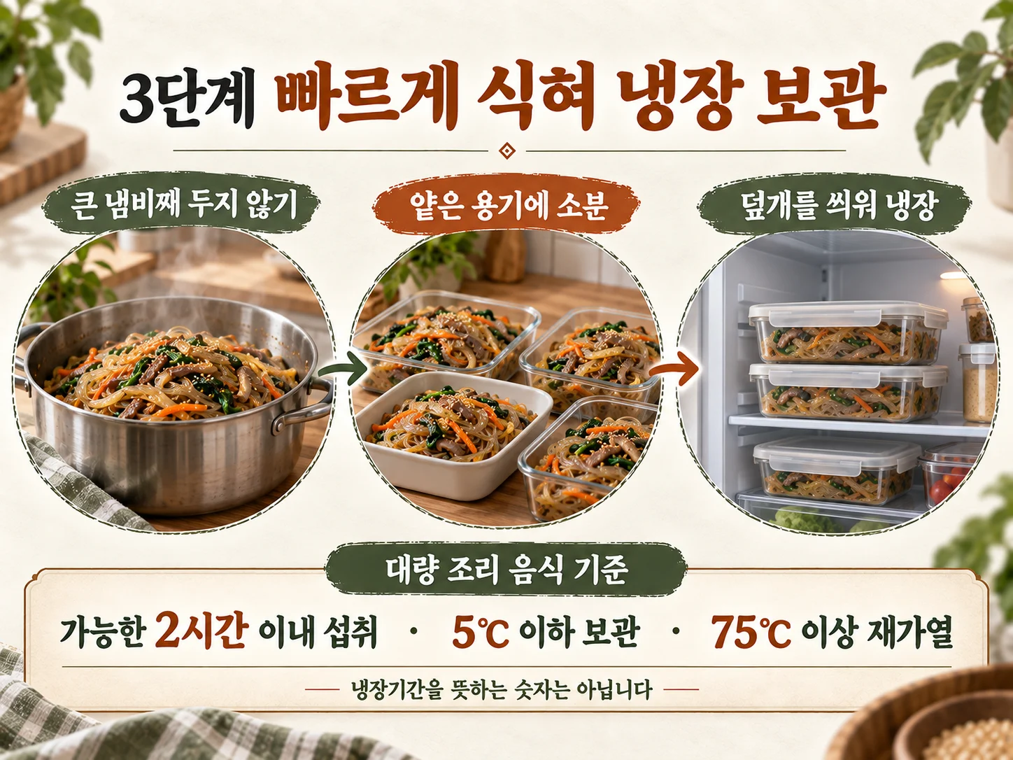 얕은 용기에 소분해 빠르게 냉장 보관하는 잡채