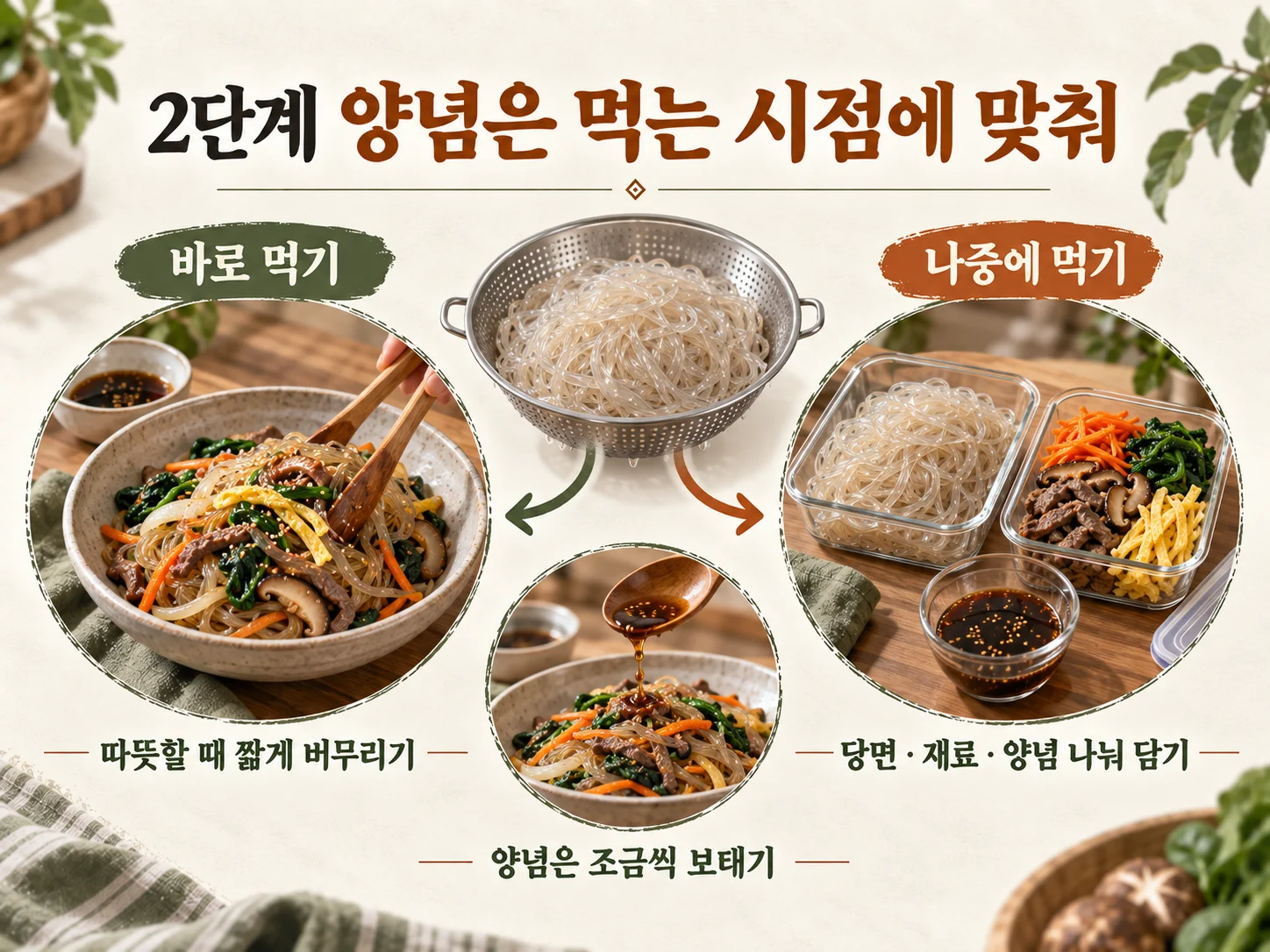먹는 시점별로 양념을 나눈 잡채 소분
