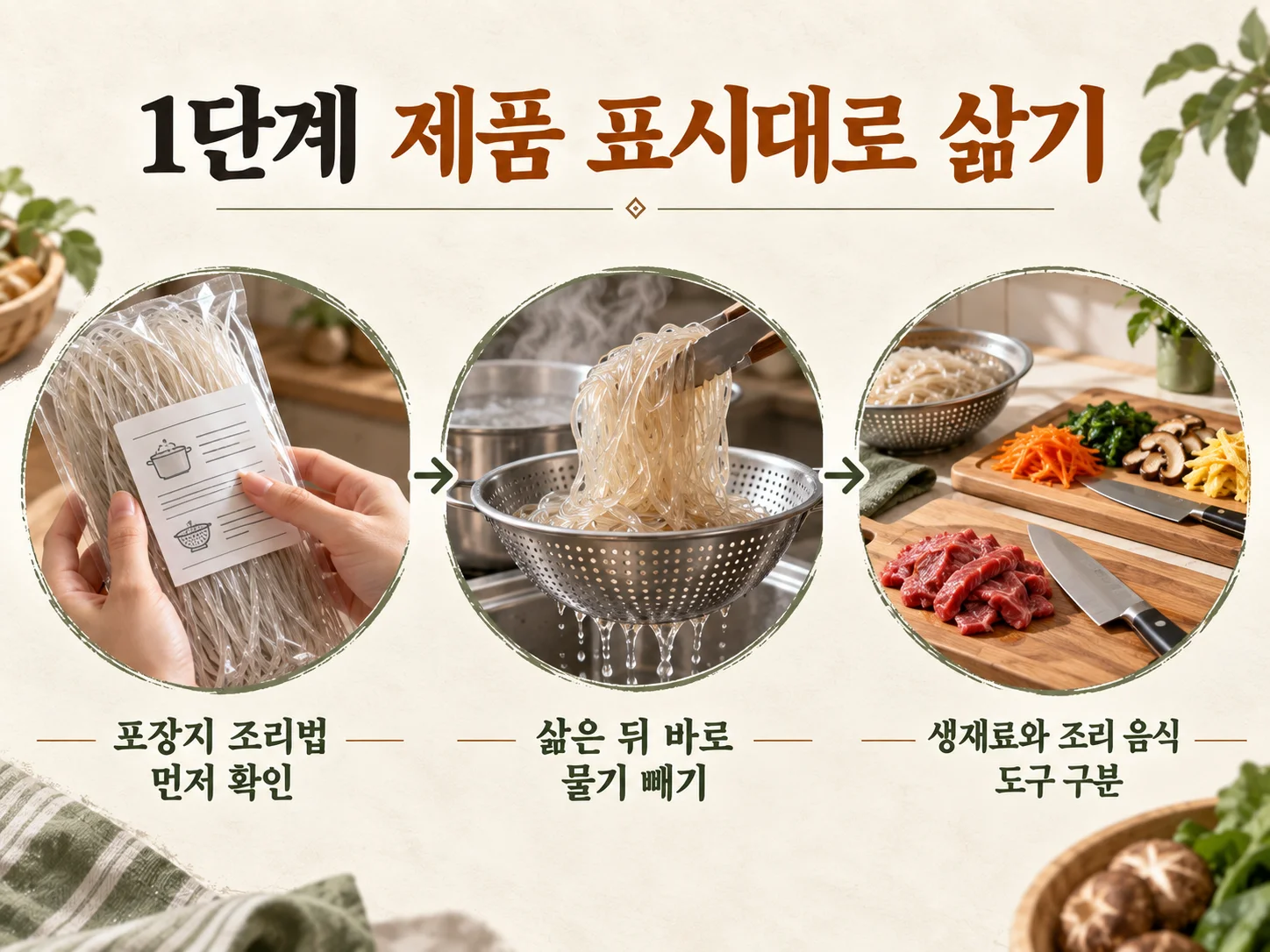 제품 표시대로 삶아 물기를 뺀 잡채 당면